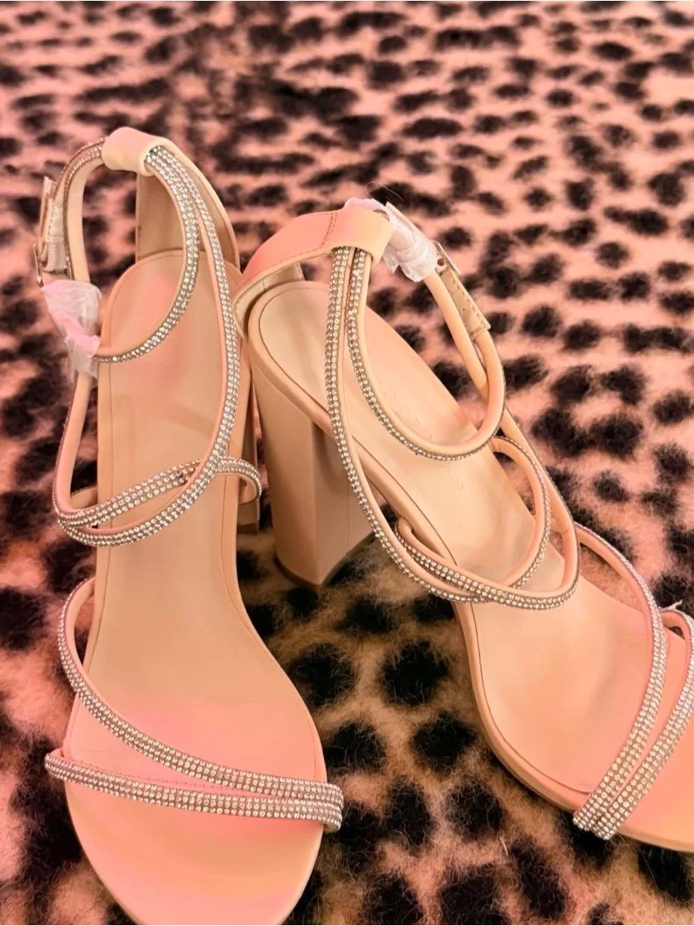 Elegant Blush Strappy Block Heel Sandals with Rhinestone Detail